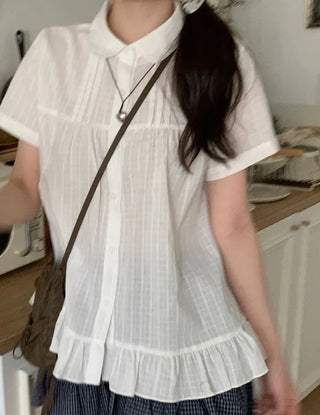 Baby Frill Pintuck Round Collar Check Cotton Short Sleeve Blouse