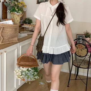Baby Frill Pintuck Round Collar Check Cotton Short Sleeve Blouse