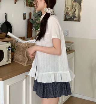 Baby Frill Pintuck Round Collar Check Cotton Short Sleeve Blouse