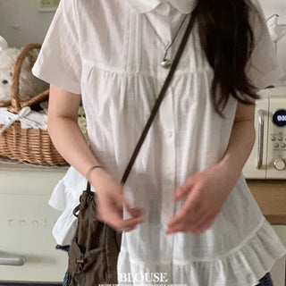 Baby Frill Pintuck Round Collar Check Cotton Short Sleeve Blouse