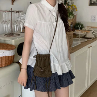 Baby Frill Pintuck Round Collar Check Cotton Short Sleeve Blouse