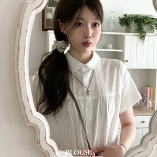 Baby Frill Pintuck Round Collar Check Cotton Short Sleeve Blouse