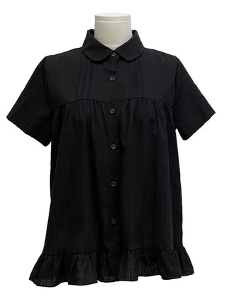 Baby Frill Pintuck Round Collar Check Cotton Short Sleeve Blouse