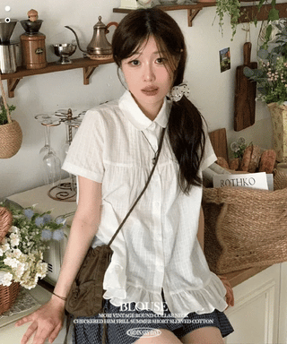 Baby Frill Pintuck Round Collar Check Cotton Short Sleeve Blouse