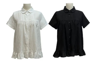Baby Frill Pintuck Round Collar Check Cotton Short Sleeve Blouse
