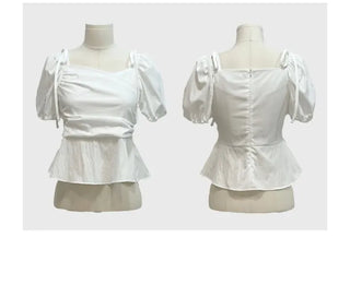 Hazel ribbon strap puff sleeve off-shoulder two-way frill shirring blouse