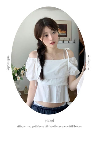 Hazel ribbon strap puff sleeve off-shoulder two-way frill shirring blouse