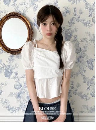 Hazel ribbon strap puff sleeve off-shoulder two-way frill shirring blouse