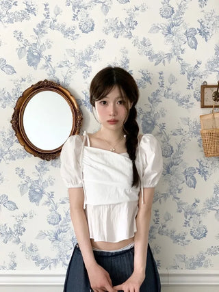 Hazel ribbon strap puff sleeve off-shoulder two-way frill shirring blouse