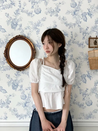 Hazel ribbon strap puff sleeve off-shoulder two-way frill shirring blouse