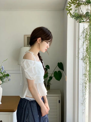 Hazel ribbon strap puff sleeve off-shoulder two-way frill shirring blouse