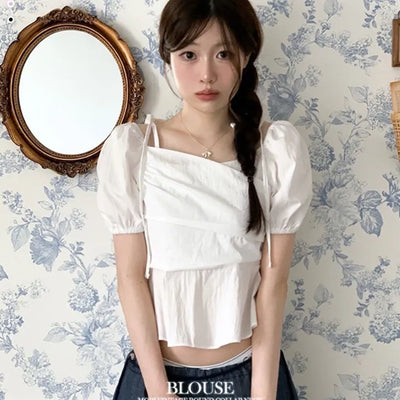 Hazel ribbon strap puff sleeve off-shoulder two-way frill shirring blouse