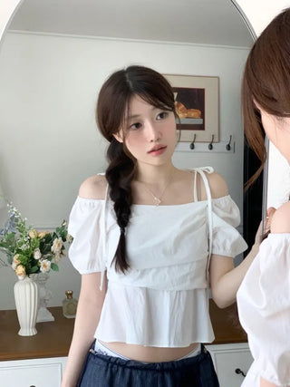 Hazel ribbon strap puff sleeve off-shoulder two-way frill shirring blouse