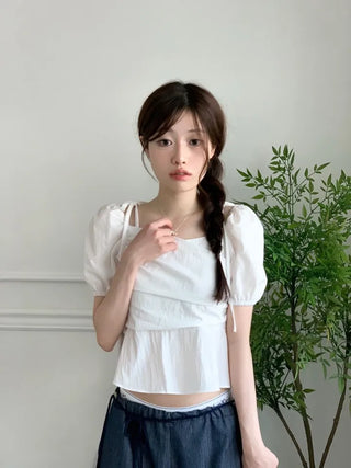 Hazel ribbon strap puff sleeve off-shoulder two-way frill shirring blouse
