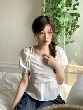 Hazel ribbon strap puff sleeve off-shoulder two-way frill shirring blouse