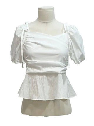 Hazel ribbon strap puff sleeve off-shoulder two-way frill shirring blouse