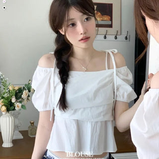 Hazel ribbon strap puff sleeve off-shoulder two-way frill shirring blouse
