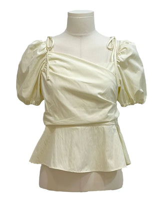 Hazel ribbon strap puff sleeve off-shoulder two-way frill shirring blouse