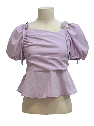 Hazel ribbon strap puff sleeve off-shoulder two-way frill shirring blouse