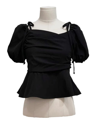 Hazel ribbon strap puff sleeve off-shoulder two-way frill shirring blouse