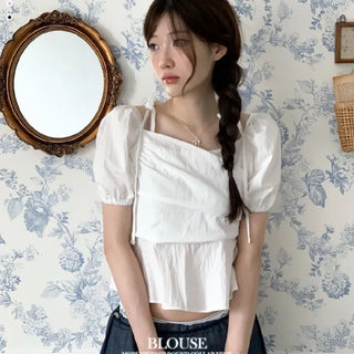 Hazel ribbon strap puff sleeve off-shoulder two-way frill shirring blouse