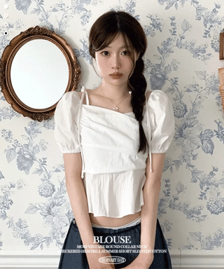 Hazel ribbon strap puff sleeve off-shoulder two-way frill shirring blouse