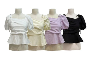 Hazel ribbon strap puff sleeve off-shoulder two-way frill shirring blouse