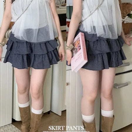 Penny Vintage Check Ruffle Frill Cancan Banding Mini Skirt Skirt Pants
