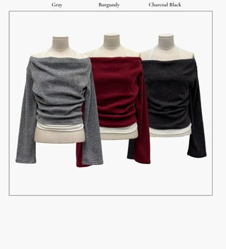 Yuha Halter Drape Shirring Two-tone Long-sleeved Knit T-shirt