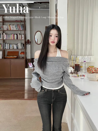 Yuha Halter Drape Shirring Two-tone Long-sleeved Knit T-shirt