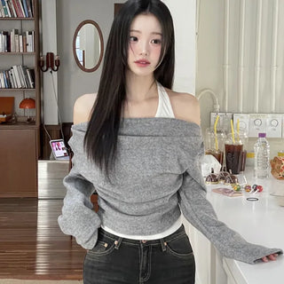 Yuha Halter Drape Shirring Two-tone Long-sleeved Knit T-shirt