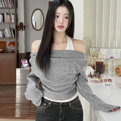 Yuha Halter Drape Shirring Two-tone Long-sleeved Knit T-shirt