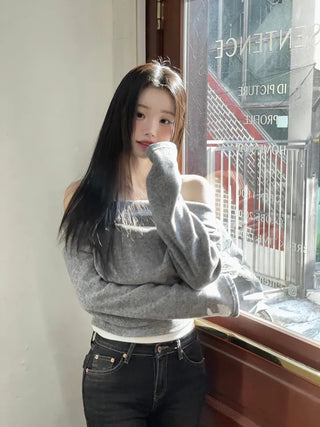 Yuha Halter Drape Shirring Two-tone Long-sleeved Knit T-shirt
