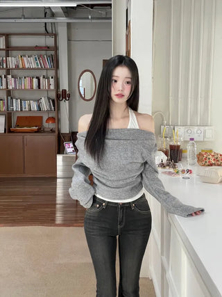 Yuha Halter Drape Shirring Two-tone Long-sleeved Knit T-shirt