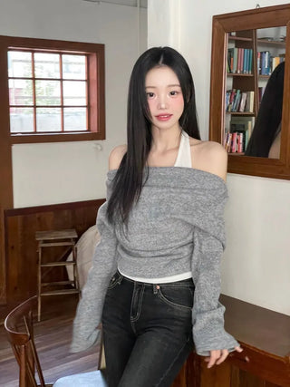 Yuha Halter Drape Shirring Two-tone Long-sleeved Knit T-shirt