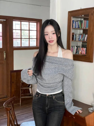 Yuha Halter Drape Shirring Two-tone Long-sleeved Knit T-shirt