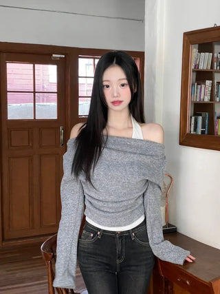 Yuha Halter Drape Shirring Two-tone Long-sleeved Knit T-shirt