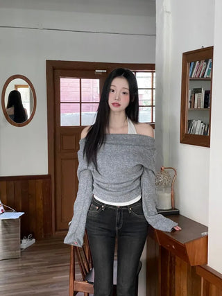 Yuha Halter Drape Shirring Two-tone Long-sleeved Knit T-shirt