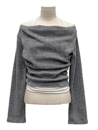 Yuha Halter Drape Shirring Two-tone Long-sleeved Knit T-shirt