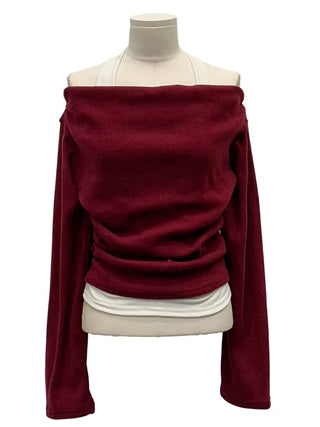 Yuha Halter Drape Shirring Two-tone Long-sleeved Knit T-shirt