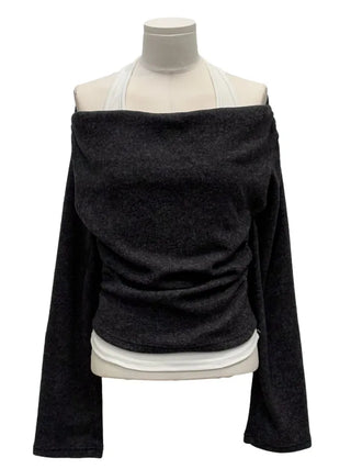Yuha Halter Drape Shirring Two-tone Long-sleeved Knit T-shirt