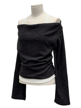 Yuha Halter Drape Shirring Two-tone Long-sleeved Knit T-shirt