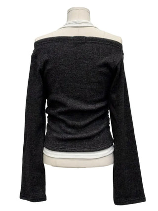 Yuha Halter Drape Shirring Two-tone Long-sleeved Knit T-shirt