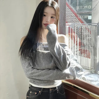 Yuha Halter Drape Shirring Two-tone Long-sleeved Knit T-shirt