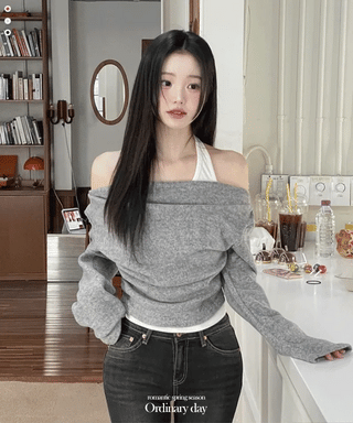 Yuha Halter Drape Shirring Two-tone Long-sleeved Knit T-shirt