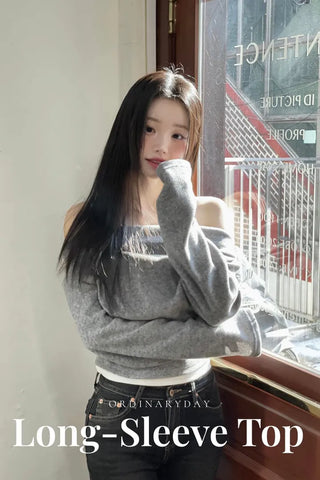 Yuha Halter Drape Shirring Two-tone Long-sleeved Knit T-shirt