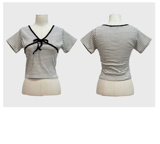 Mew Lovely Ribbon V-Neck Short Sleeve Boneless Short Sleeve T-Shirt
