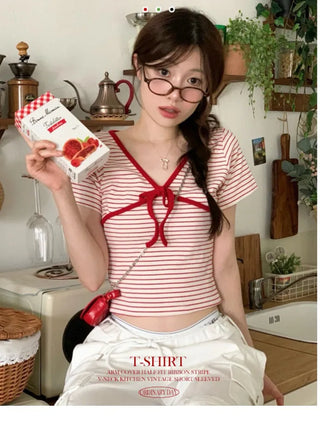Mew Lovely Ribbon V-Neck Short Sleeve Boneless Short Sleeve T-Shirt