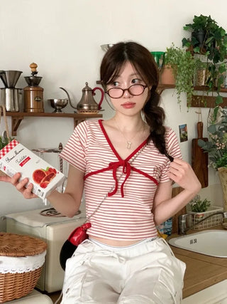 Mew Lovely Ribbon V-Neck Short Sleeve Boneless Short Sleeve T-Shirt