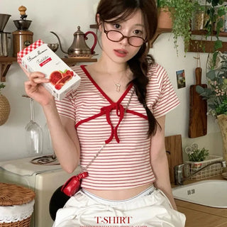 Mew Lovely Ribbon V-Neck Short Sleeve Boneless Short Sleeve T-Shirt